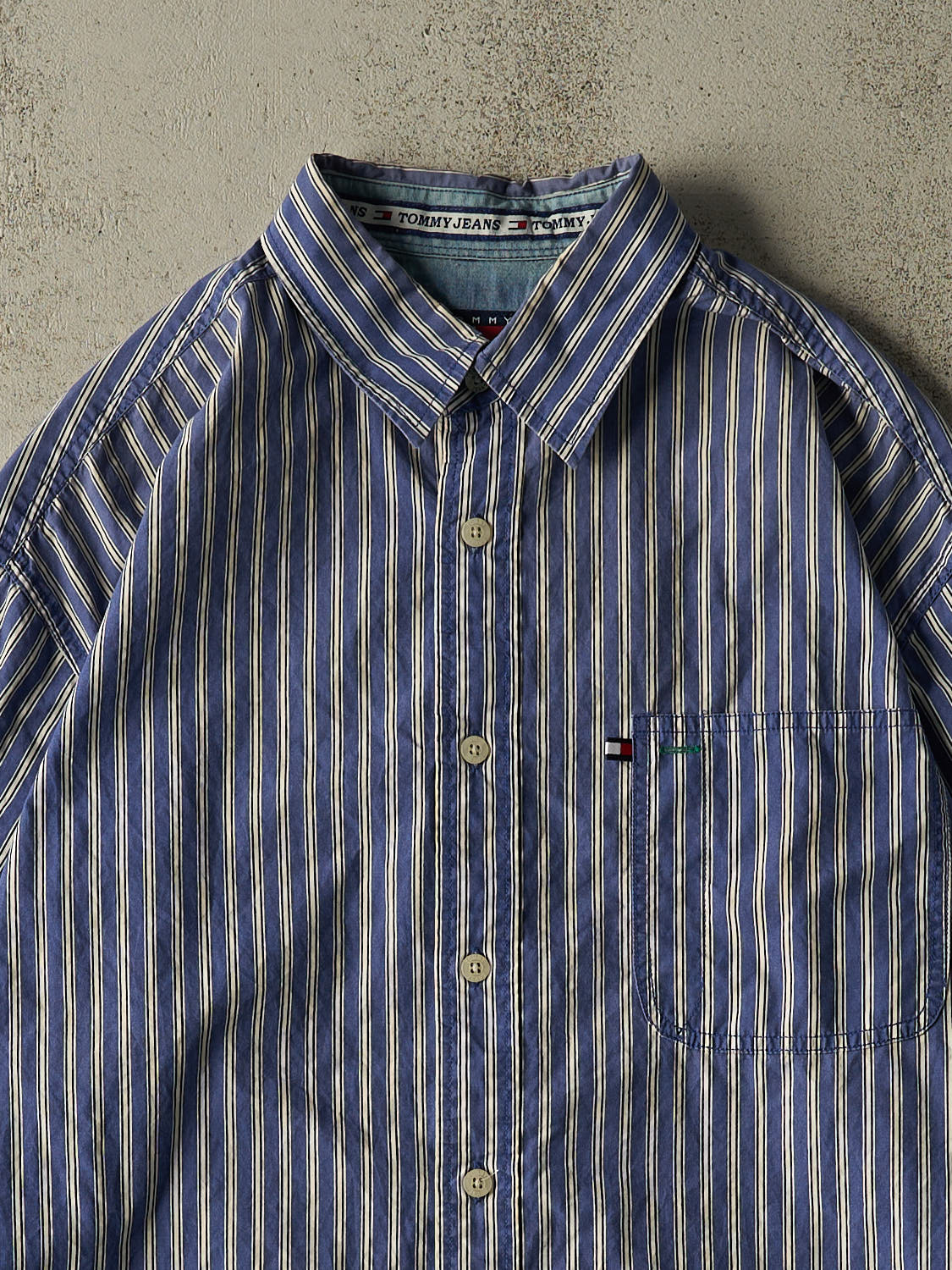 Vintage 90s Blue Tommy Hilfiger Striped Button Up Long Sleeve (XL)