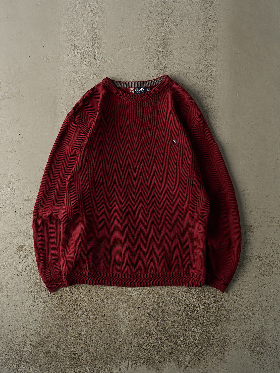 Vintage 90s Burgundy Chaps Embroidered Harringbone Knit (XL/XXL)