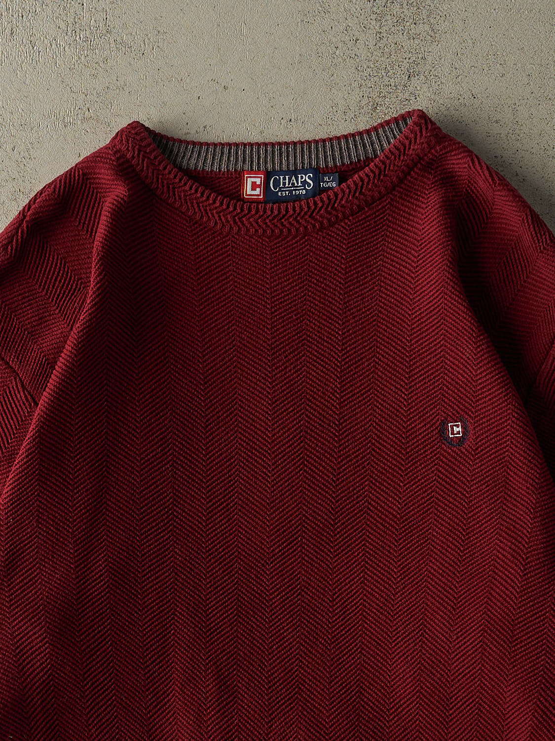 Vintage 90s Burgundy Chaps Embroidered Harringbone Knit (XL/XXL)