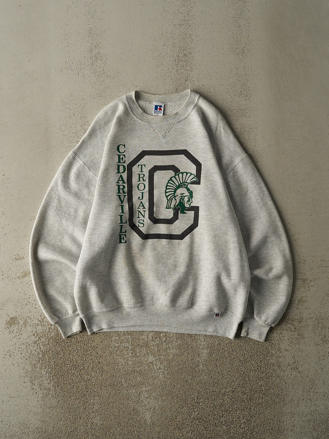 Vintage 90s Heather Grey Russell Athletic Cedarville Trojans Crewneck (L)