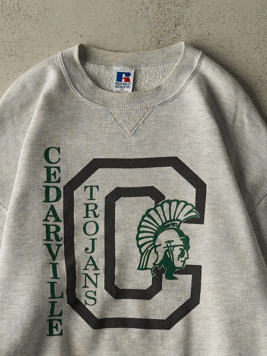 Vintage 90s Heather Grey Russell Athletic Cedarville Trojans Crewneck (L)