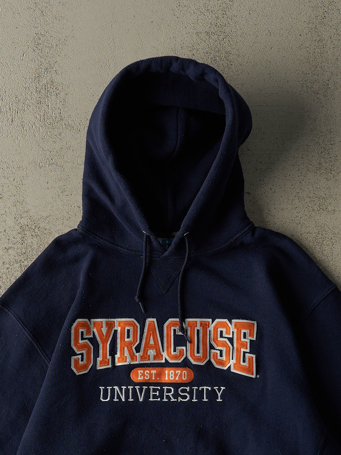 Vintage Y2K Navy Blue Russell Athletic Syracuse University Embroidered Hoodie (L/XL)