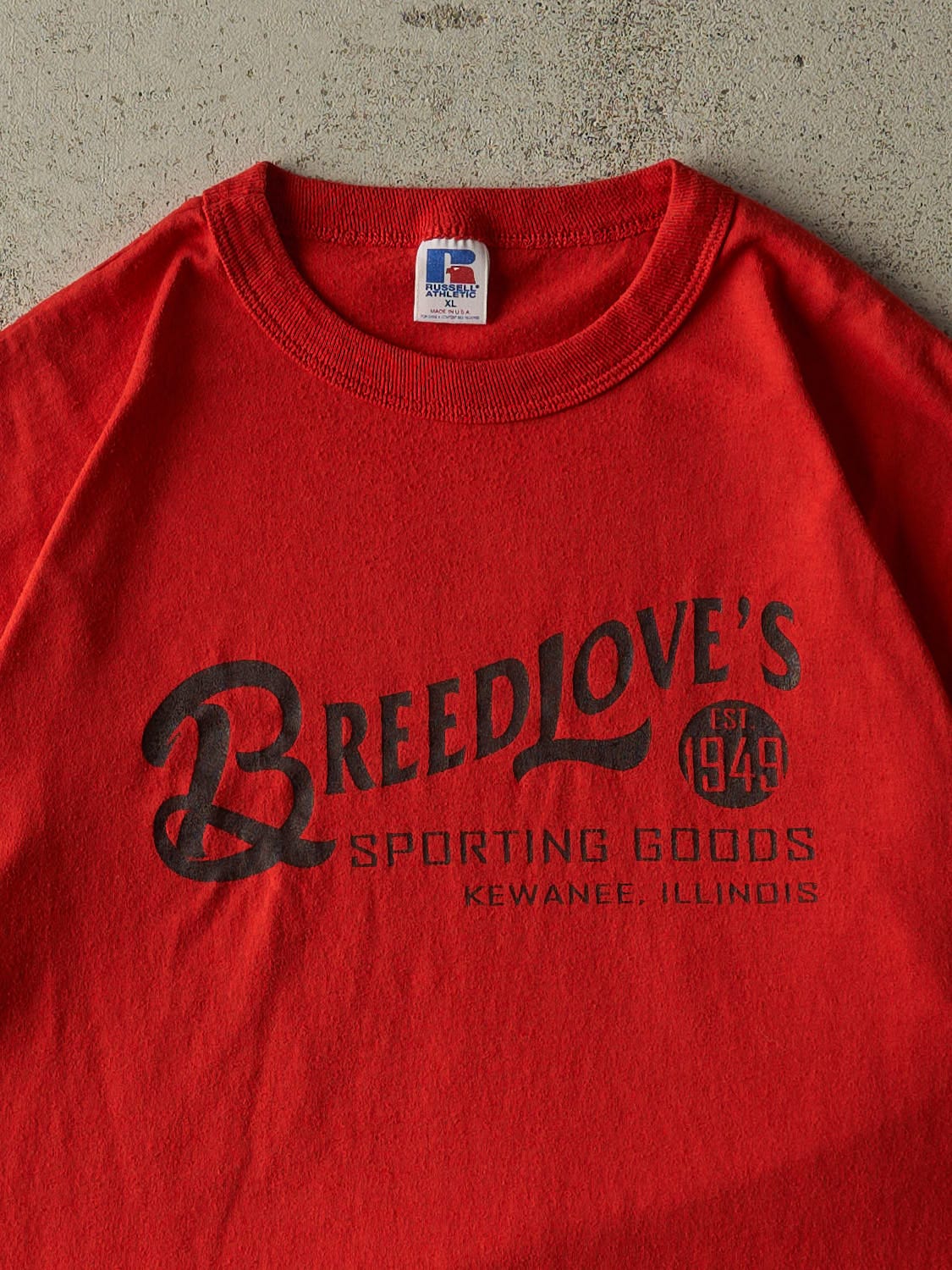 Vintage 80s Red Russell Athletic Breedlove's Sporting Goods Single Stitch Tee (L)