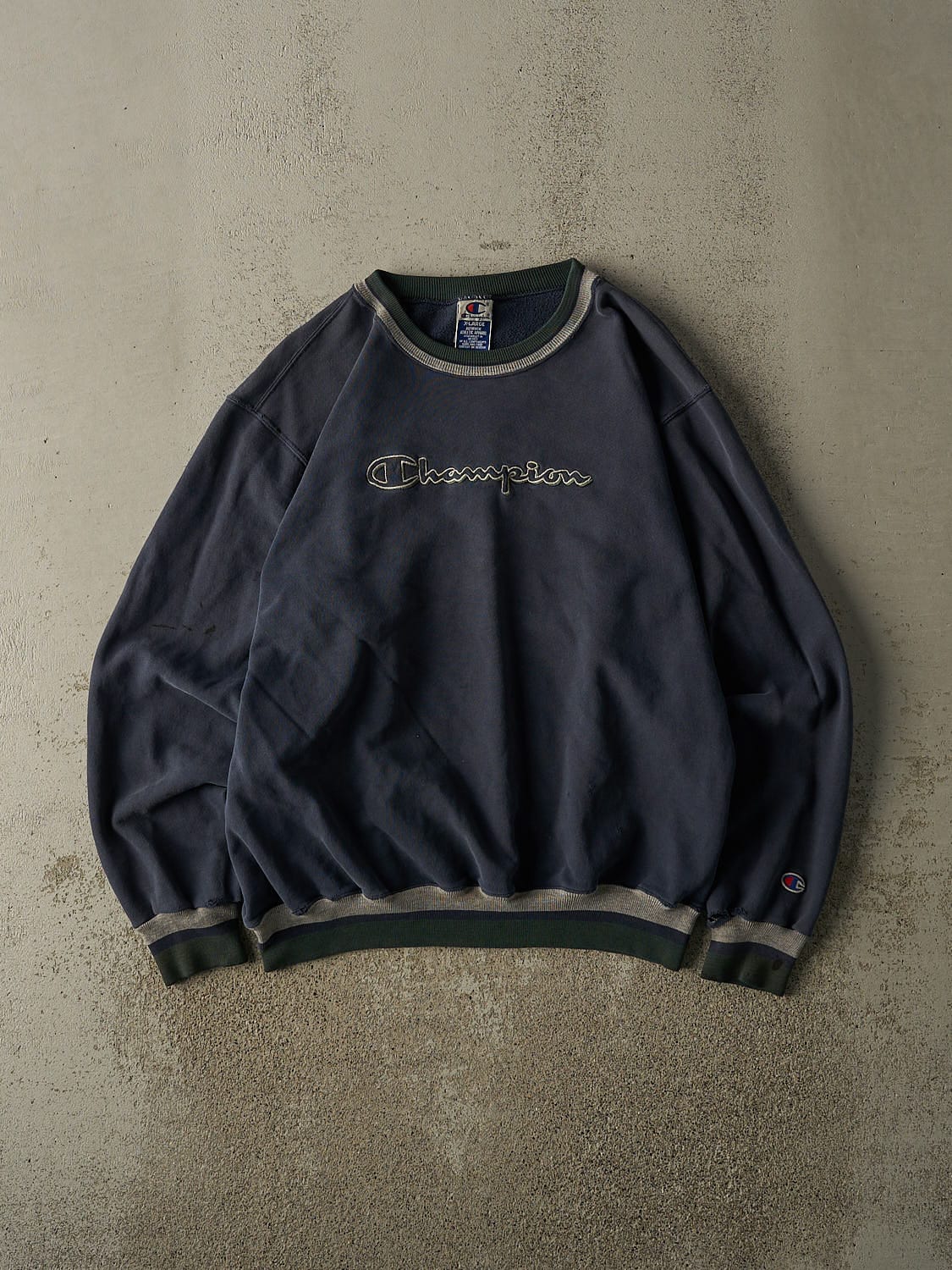 Vintage 90s Navy Blue Champion Embroidered Ribbed Crewneck (L/XL)