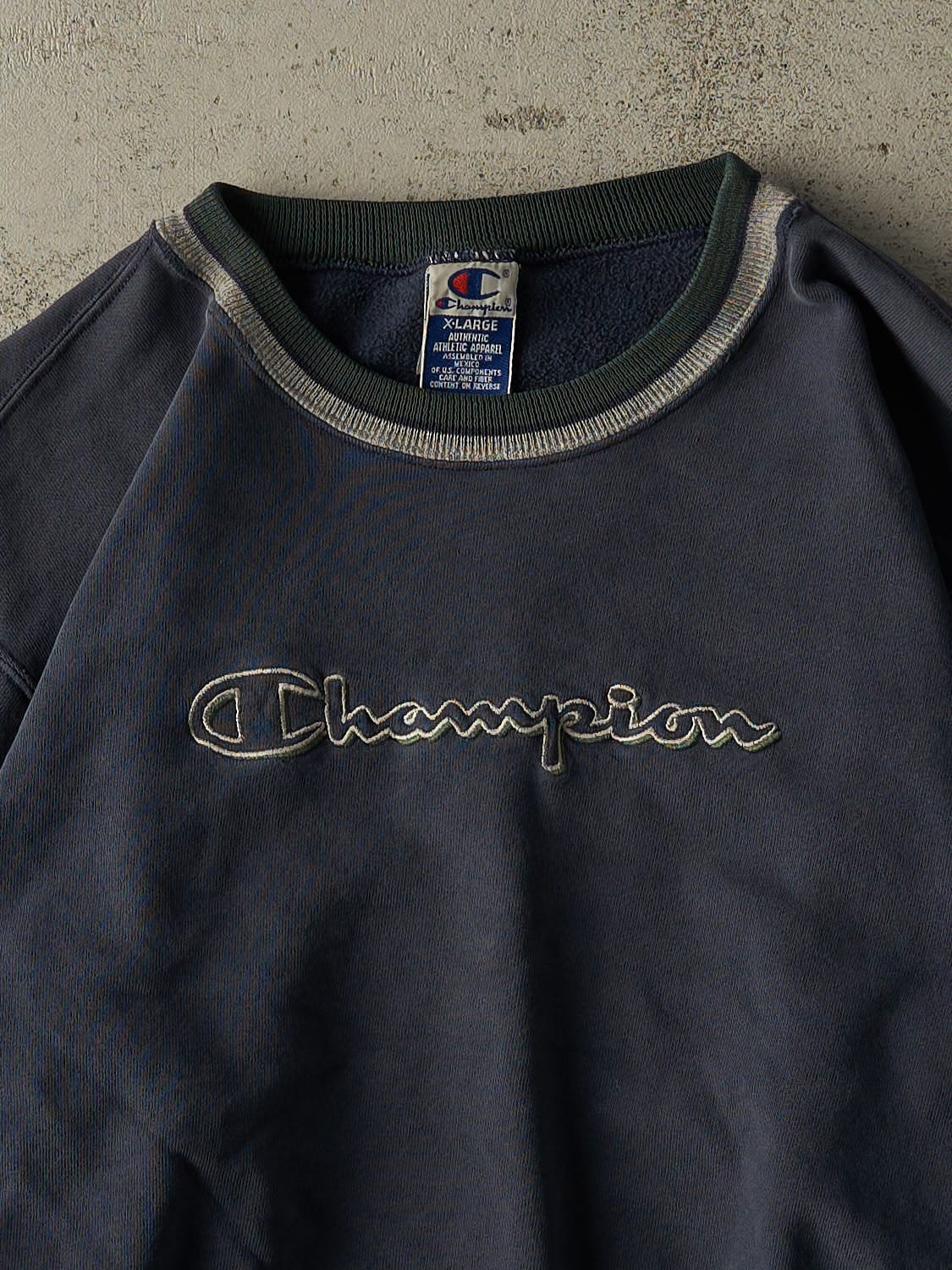 Vintage 90s Navy Blue Champion Embroidered Ribbed Crewneck (L/XL)