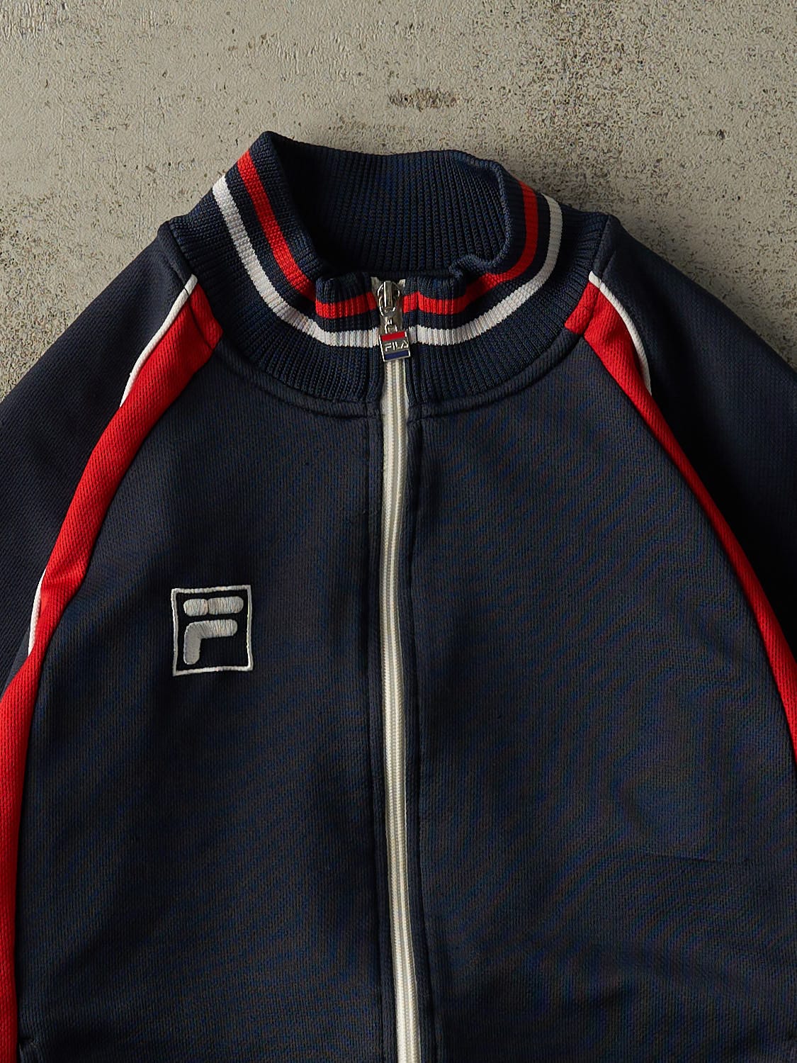Vintage 90s Navy Blue & Red Fila Zip Up Track Sweater (XXS/XS)