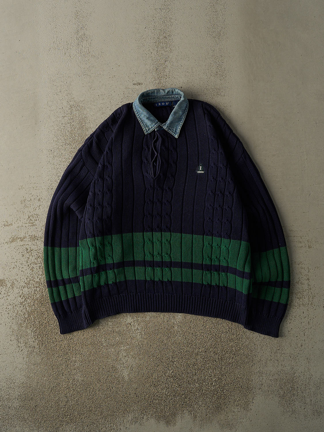 Vintage 90s Navy Blue & Green Izod Embroidered Cable Knit (M/L)