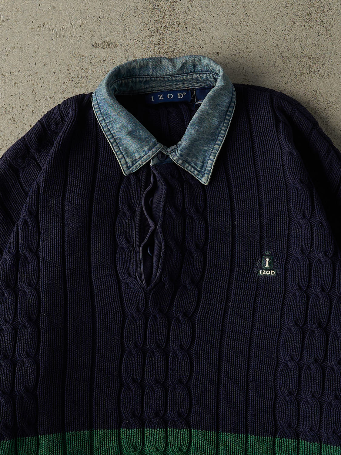 Vintage 90s Navy Blue & Green Izod Embroidered Cable Knit (M/L)