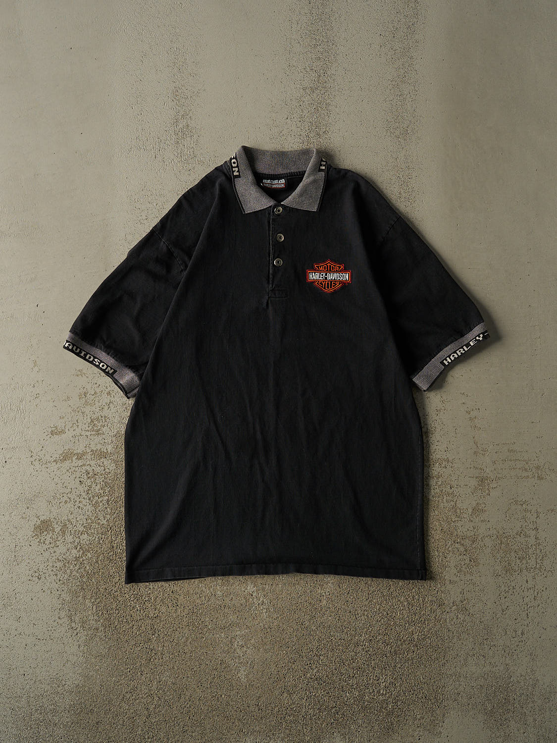Vintage 90s Black Harley Davidson Quarter Button Tee (XL/XXL)