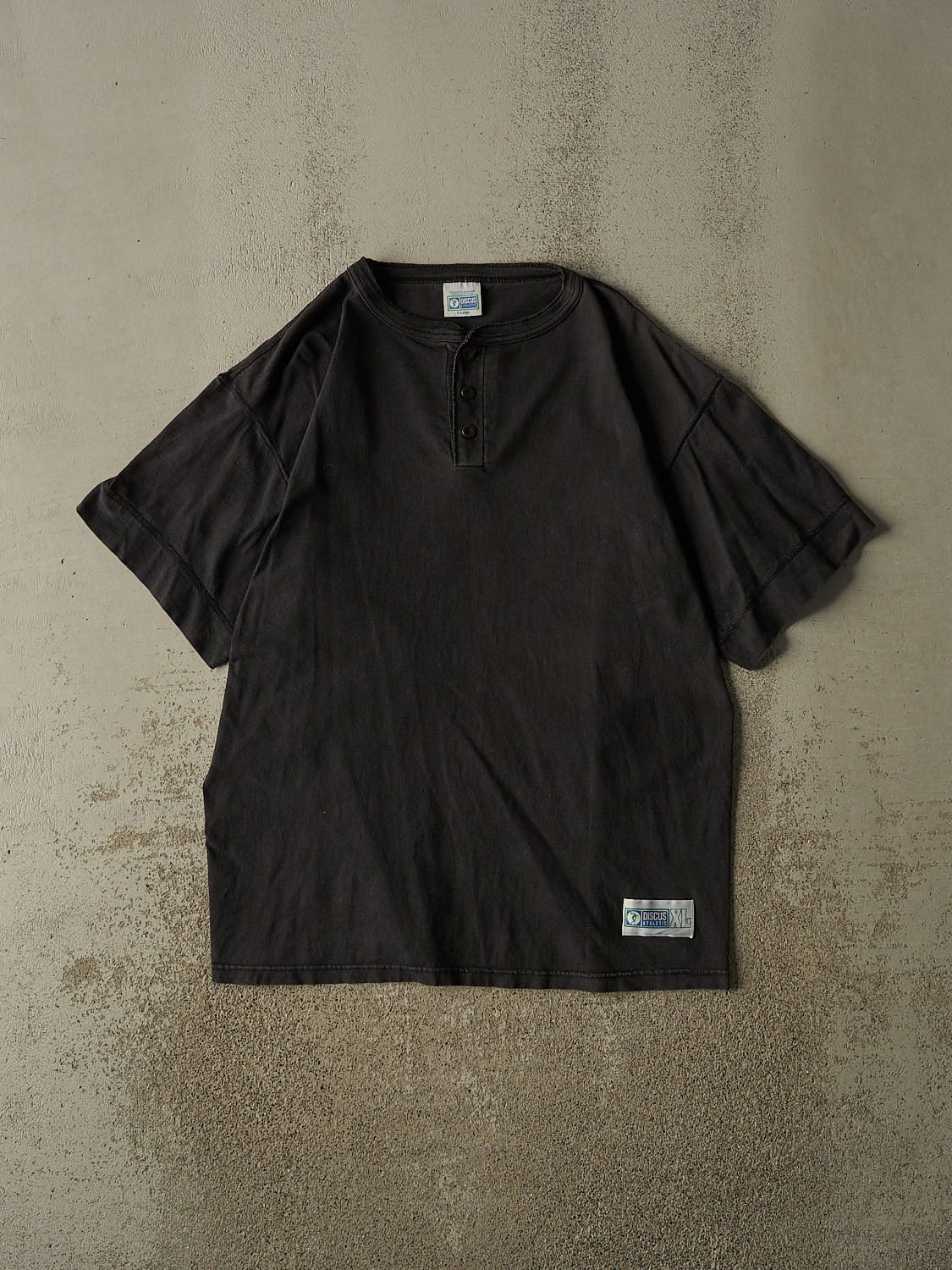 Vintage 90s Black Discus Athletic Quarter Button Tee (L/XL)