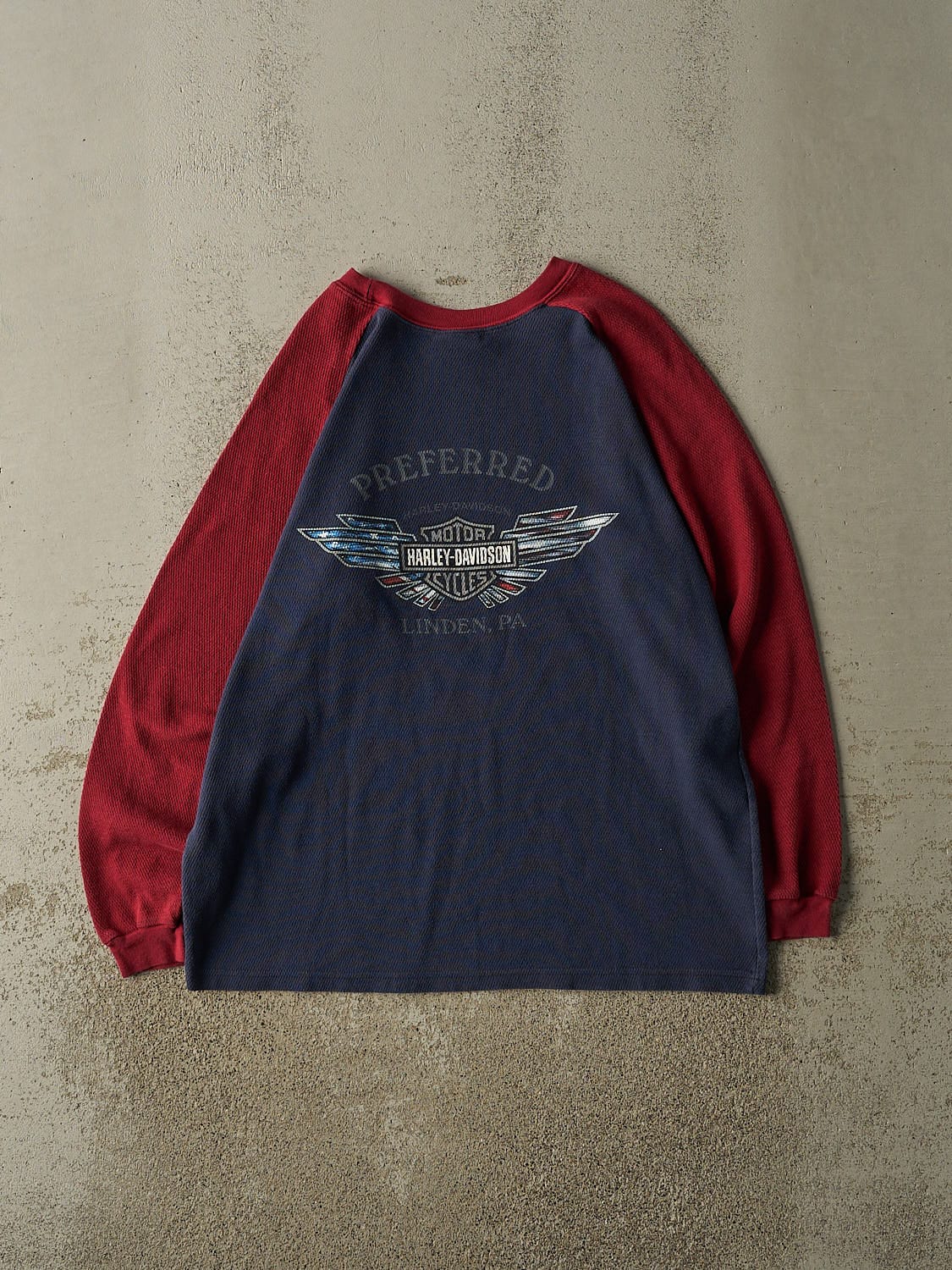 Vintage Y2K Navy Blue & Burgundy Harley Davidson Linden PA Long Sleeve (L/XL)