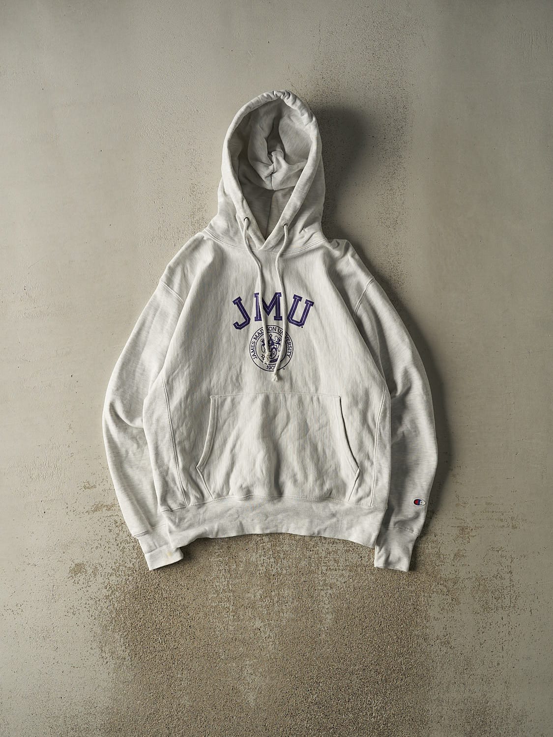Vintage Y2K Heather Grey Champion Reverse Weave James Madison University Hoodie (M/L)