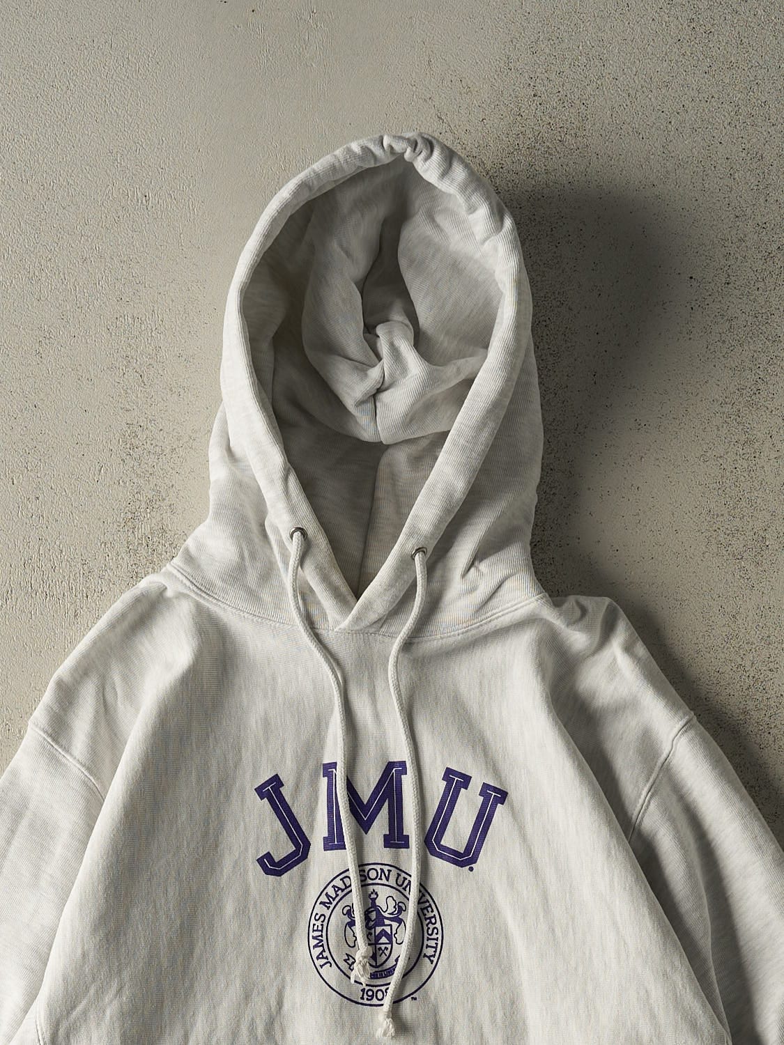 Vintage Y2K Heather Grey Champion Reverse Weave James Madison University Hoodie (M/L)