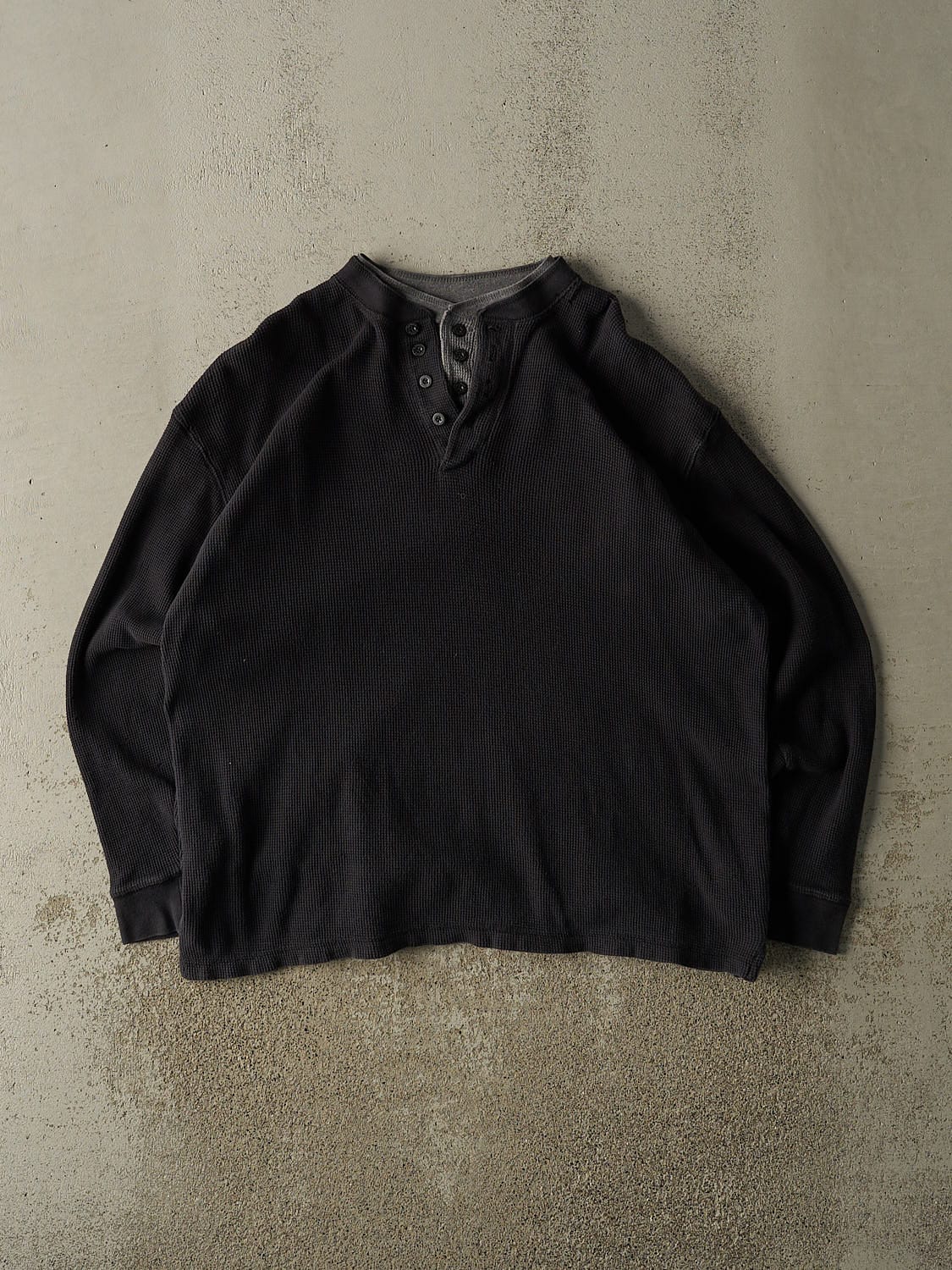 Vintage 90s Black Thermal Double Neck Quarter Button Long Sleeve (L/XL)