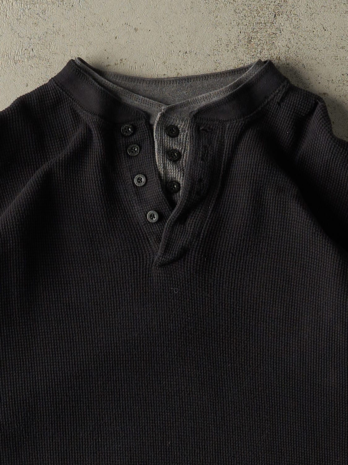 Vintage 90s Black Thermal Double Neck Quarter Button Long Sleeve (L/XL)