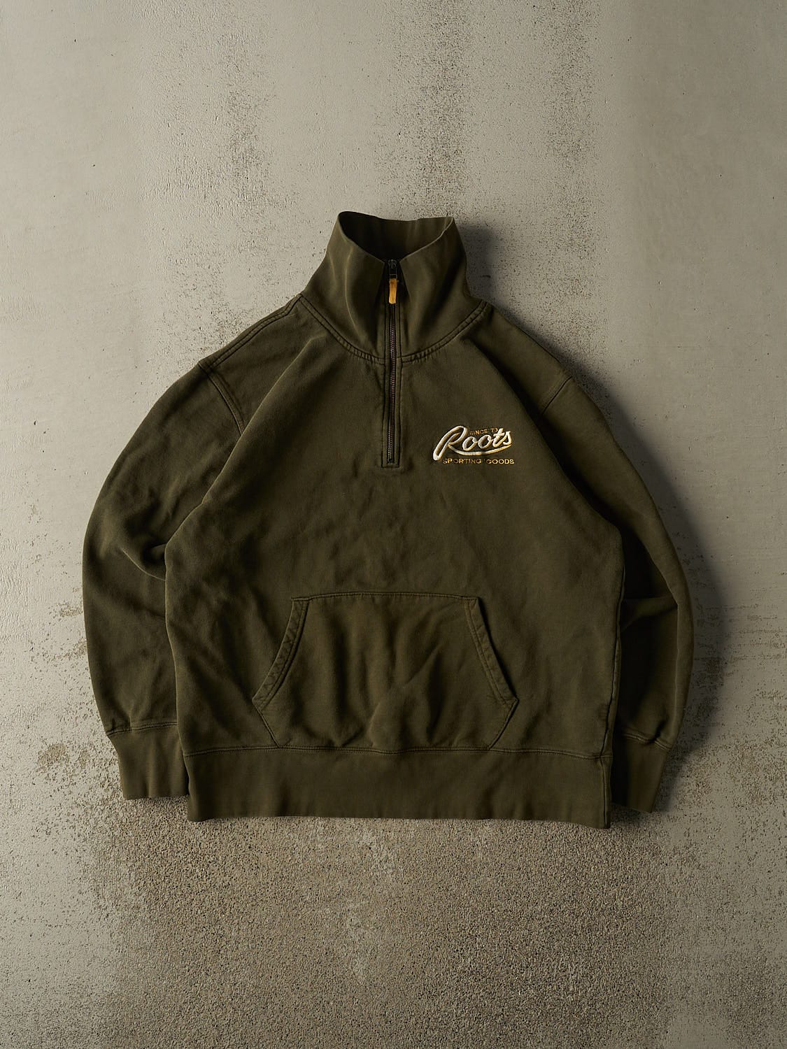 Vintage 90s Green Roots Embroidered Quarter Zip Sweater (L/XL)