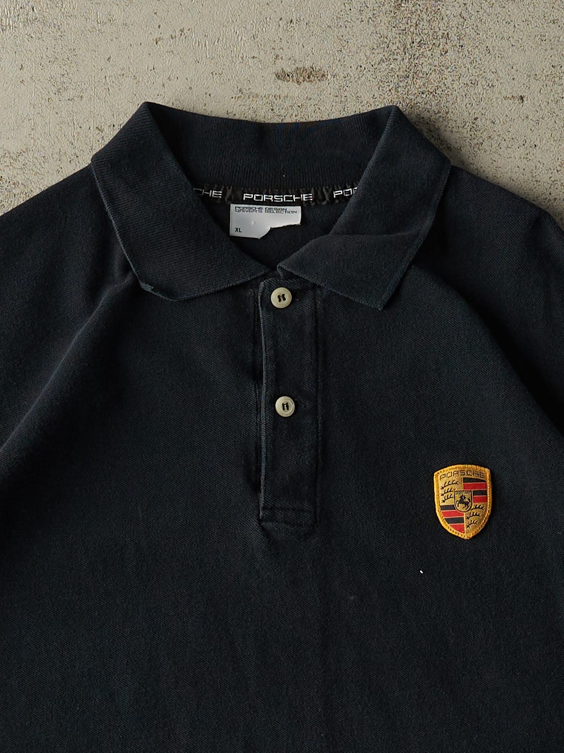 Vintage Y2K Faded Black Porsche Embroidered Quarter Button Tee (L/XL)