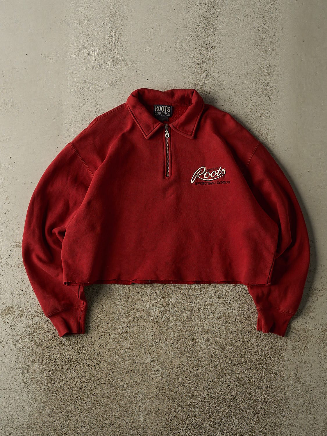 Vintage 90s Burgundy Roots Quarter Zip Cropped Sweater (XS/S)