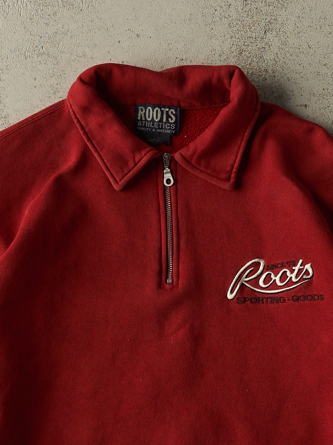 Vintage 90s Burgundy Roots Quarter Zip Cropped Sweater (XS/S)
