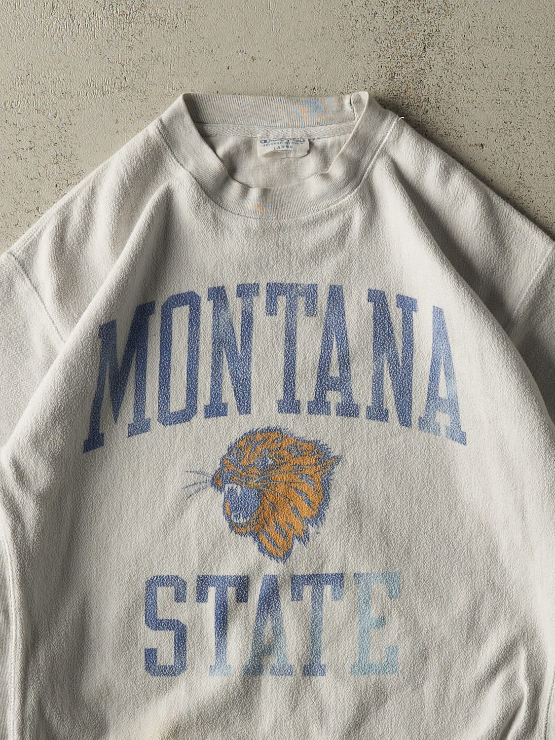 Vintage 90s Heather Grey Champion Reverse Weave Montana State Inside Out Crewneck (L/XL)