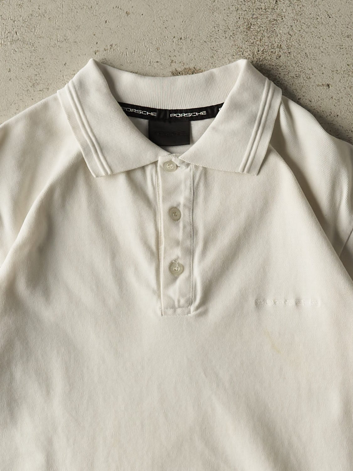 Vintage Y2K White Porsche Embroidered Quarter Button Tee (S/M)