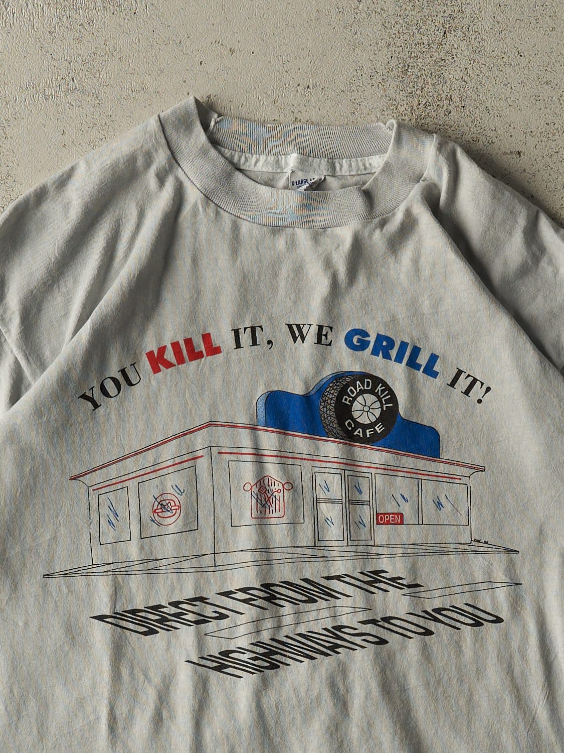 Vintage 80s Baby Blue Road Kill Cafe Tee (S/M)