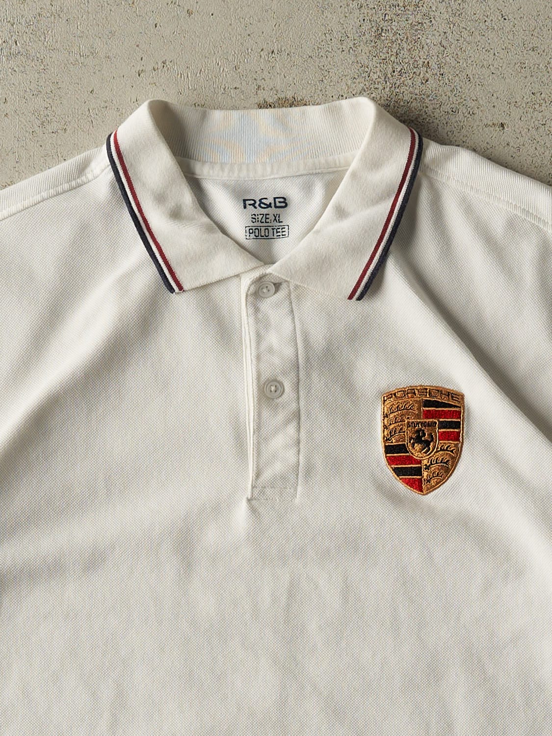 Vintage Y2K White Porsche Embroidered Quarter Button Tee (L)
