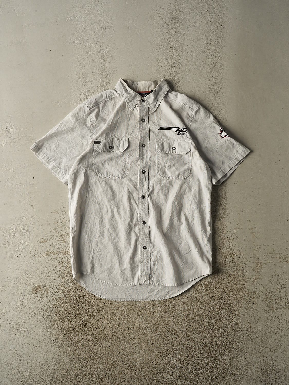 Vintage Y2K Grey Harley Davidson Striped Button Up Tee (XL)