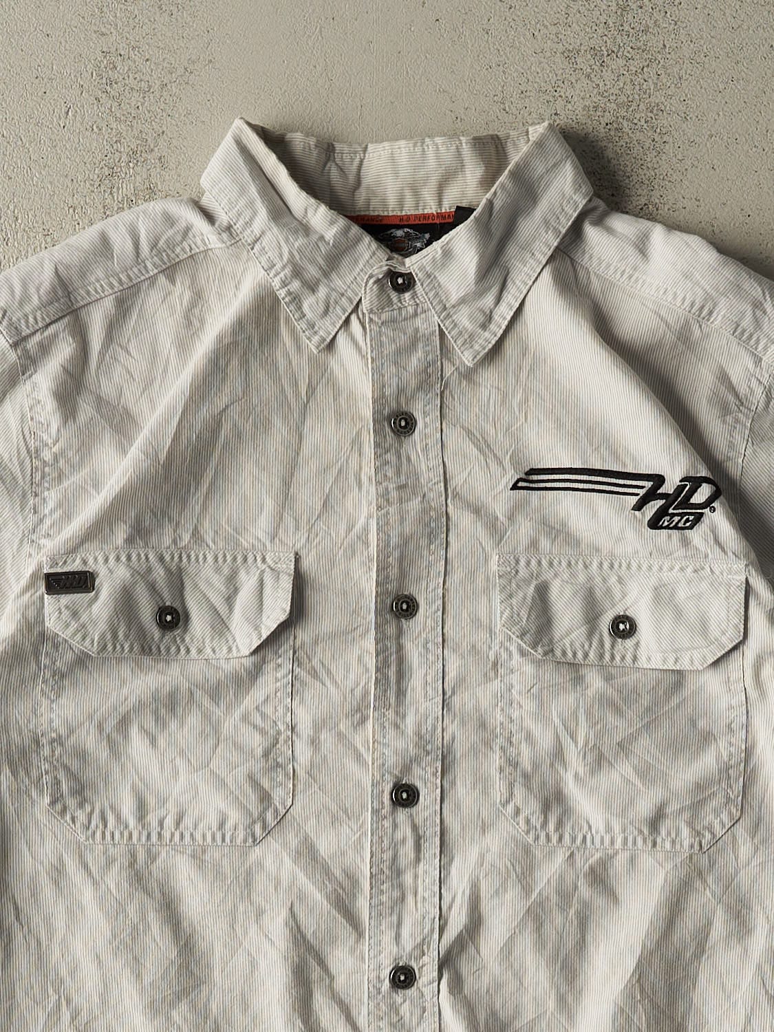 Vintage Y2K Grey Harley Davidson Striped Button Up Tee (XL)