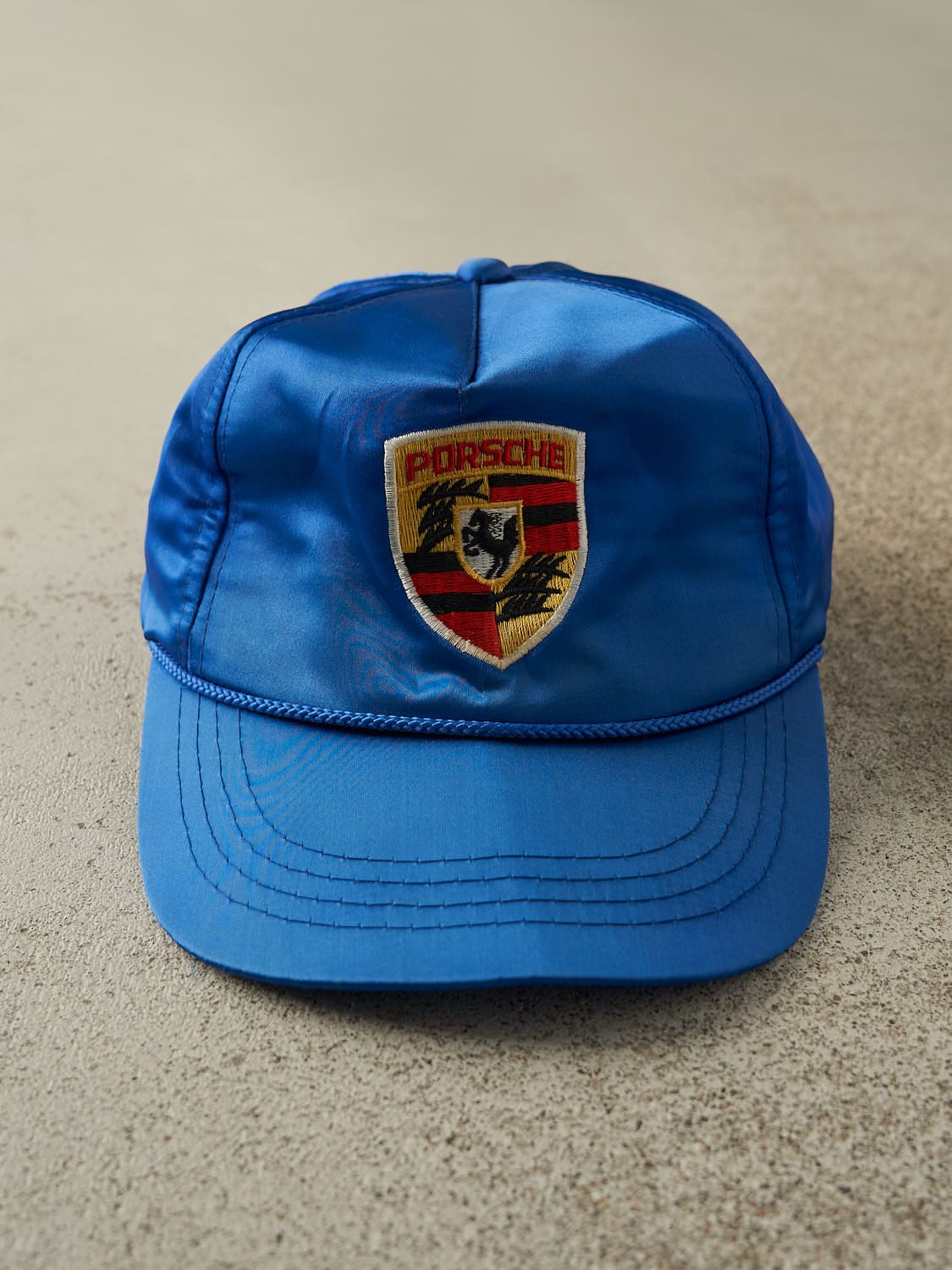 Vintage 90s RARE Blue Porsche Embroidered Satin Snapback Hat (O/S)