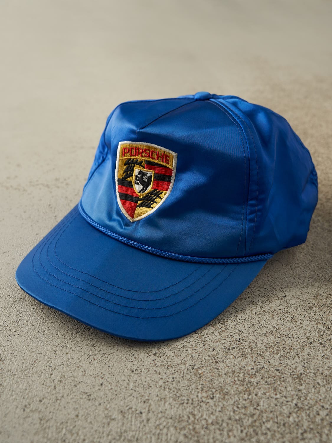 Vintage 90s RARE Blue Porsche Embroidered Satin Snapback Hat (O/S)