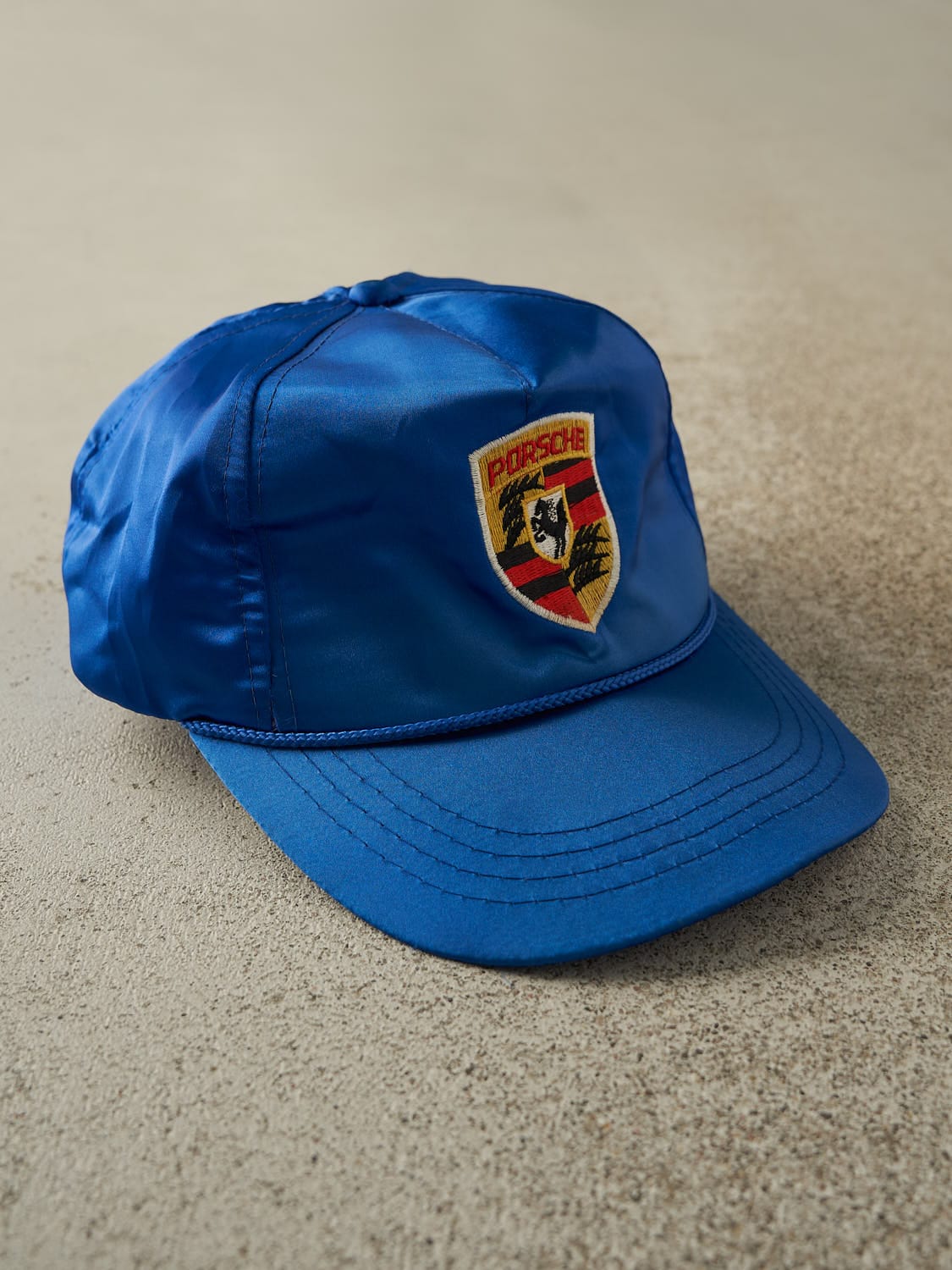 Vintage 90s RARE Blue Porsche Embroidered Satin Snapback Hat (O/S)