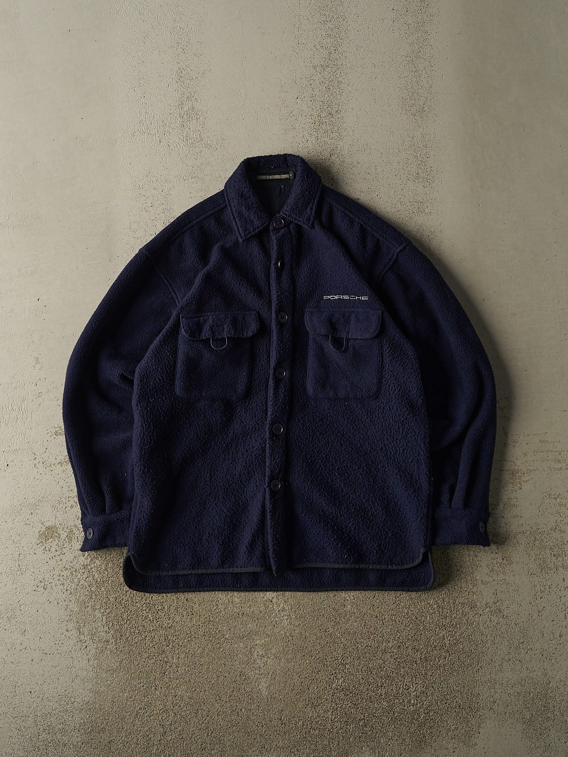 Vintage 90s Navy Blue Porsche Embroidered Button Up Fleece (M/L)
