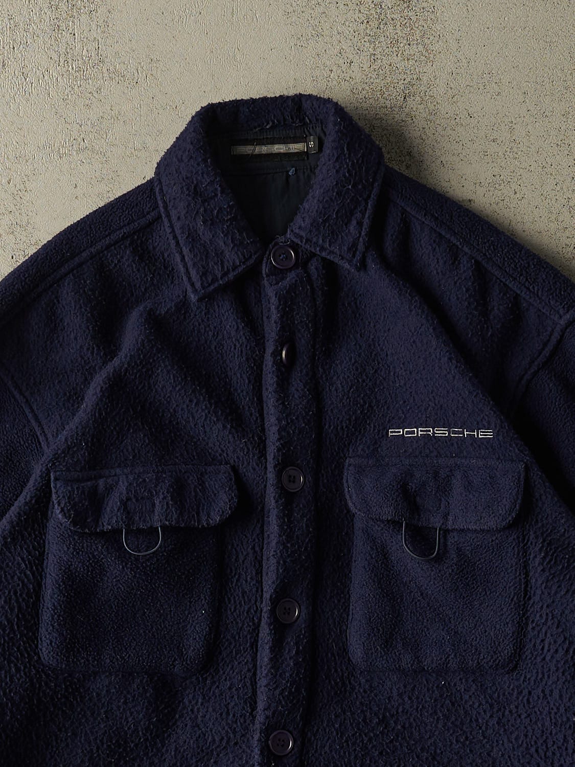 Vintage 90s Navy Blue Porsche Embroidered Button Up Fleece (M/L)