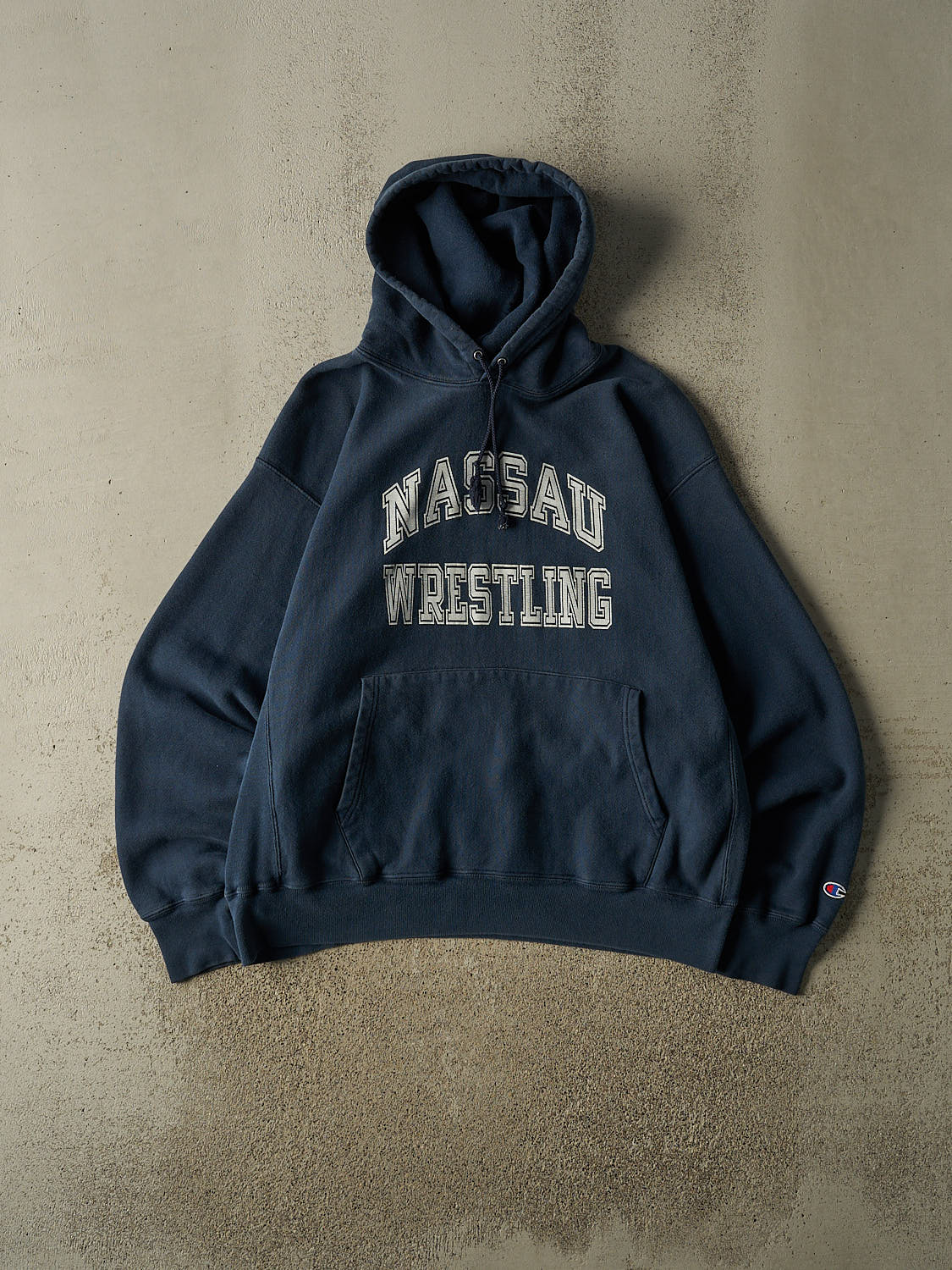 Vintage 90s Navy Blue Champion Reverse Weave Nassau Wrestling Hoodie (XL/XXL)