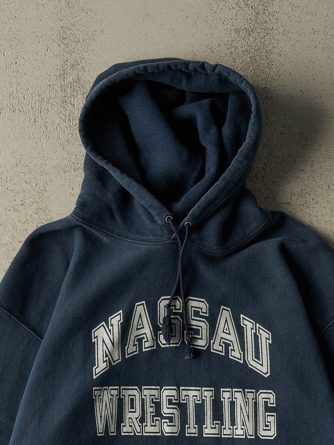 Vintage 90s Navy Blue Champion Reverse Weave Nassau Wrestling Hoodie (XL/XXL)