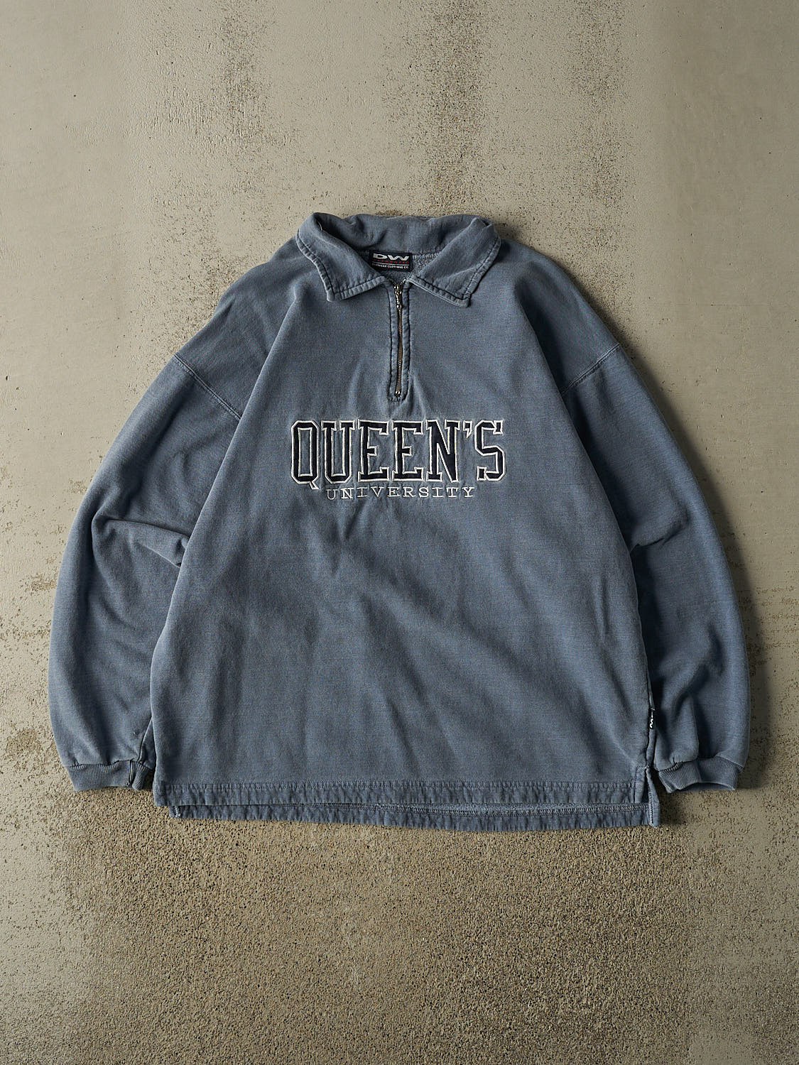 Vintage 90s Washed Blue Queens University Quarter Zip Sweater (L/XL)