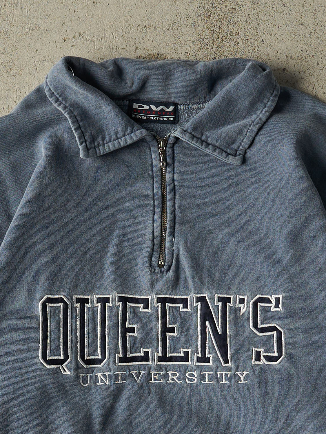 Vintage 90s Washed Blue Queens University Quarter Zip Sweater (L/XL)