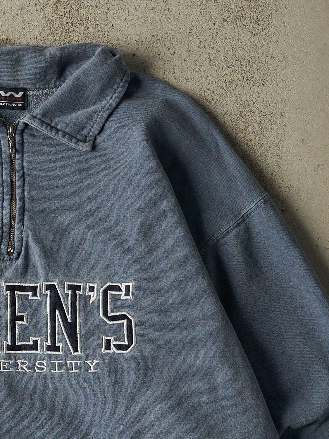 Vintage 90s Washed Blue Queens University Quarter Zip Sweater (L/XL)