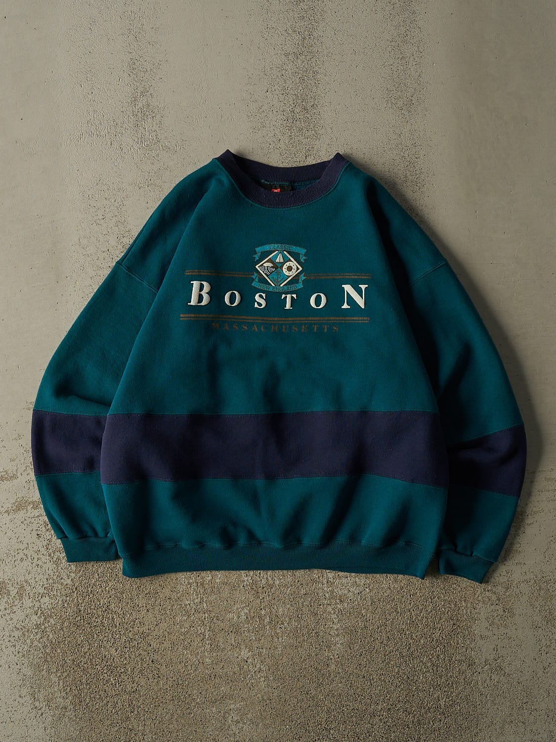 Vintage 80s Teal Boston Striped Crewneck (L/XL)
