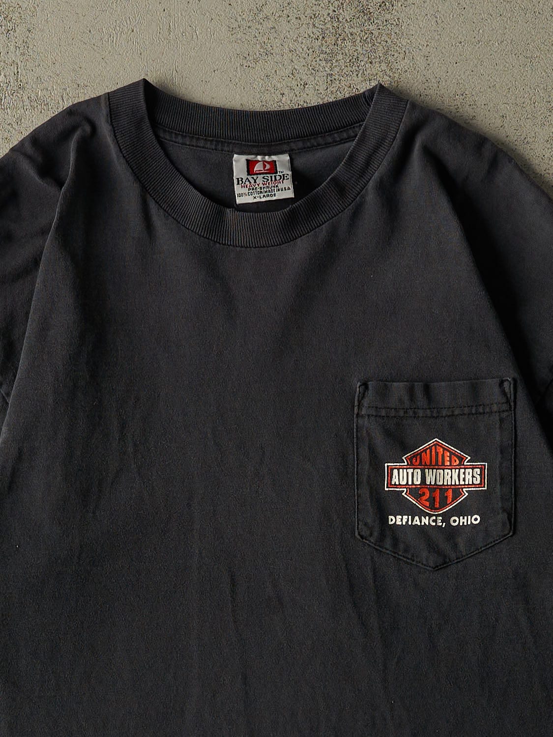 Vintage 90s Faded Black Ohio Auto Workers Union "Harley Spoof" Pocket Tee (L/XL)