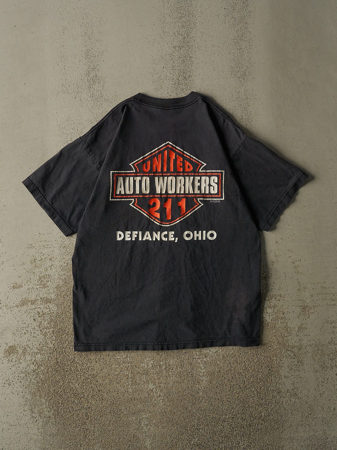 Vintage 90s Faded Black Ohio Auto Workers Union "Harley Spoof" Pocket Tee (L/XL)