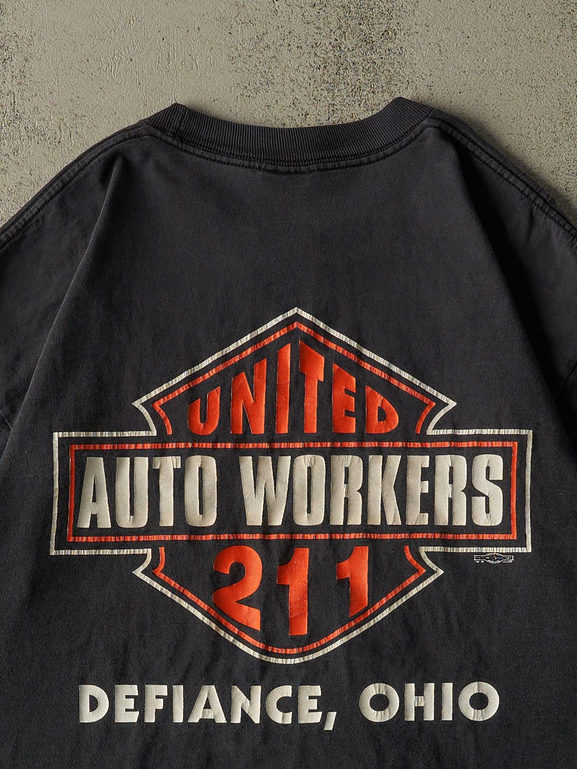 Vintage 90s Faded Black Ohio Auto Workers Union "Harley Spoof" Pocket Tee (L/XL)