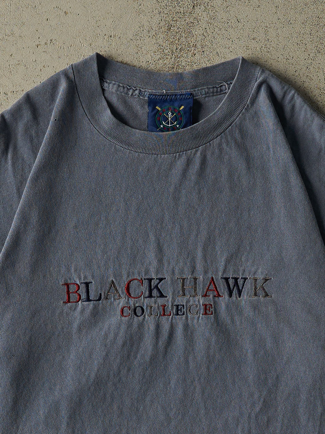 Vintage 90s Blue Black Hawk College Tee (L/XL)