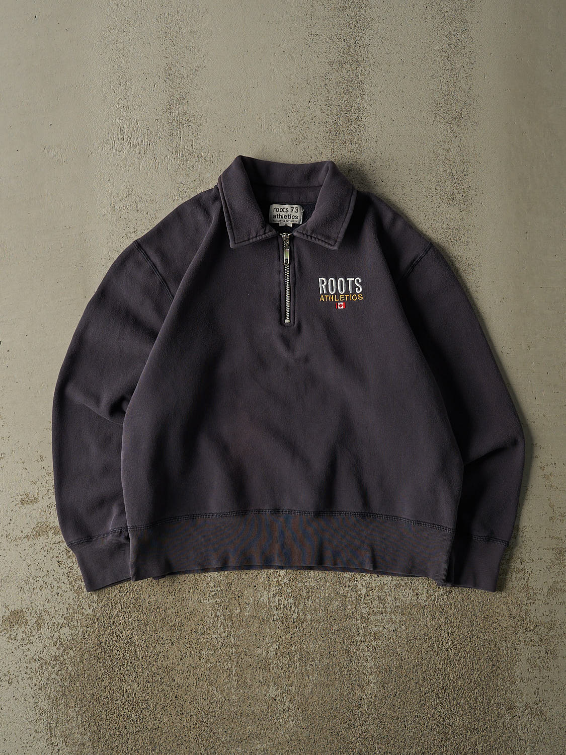 Vintage Y2K Sun Faded Navy Roots Embroidered Quarter Zip Sweater (S/M)