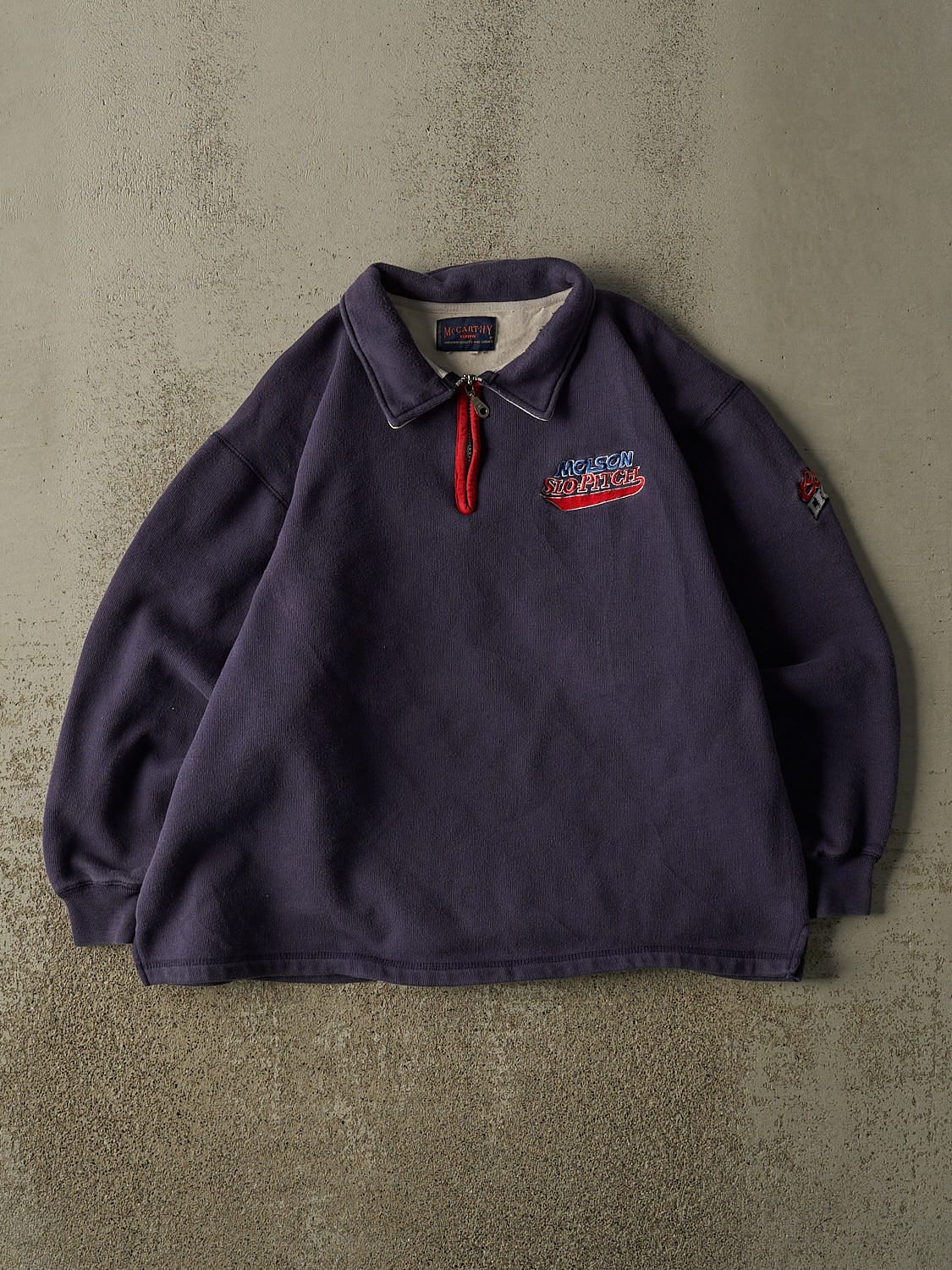 Vintage 90s Sun Faded Navy Molson Slo-Pitch Quarter Zip Sweater (L)