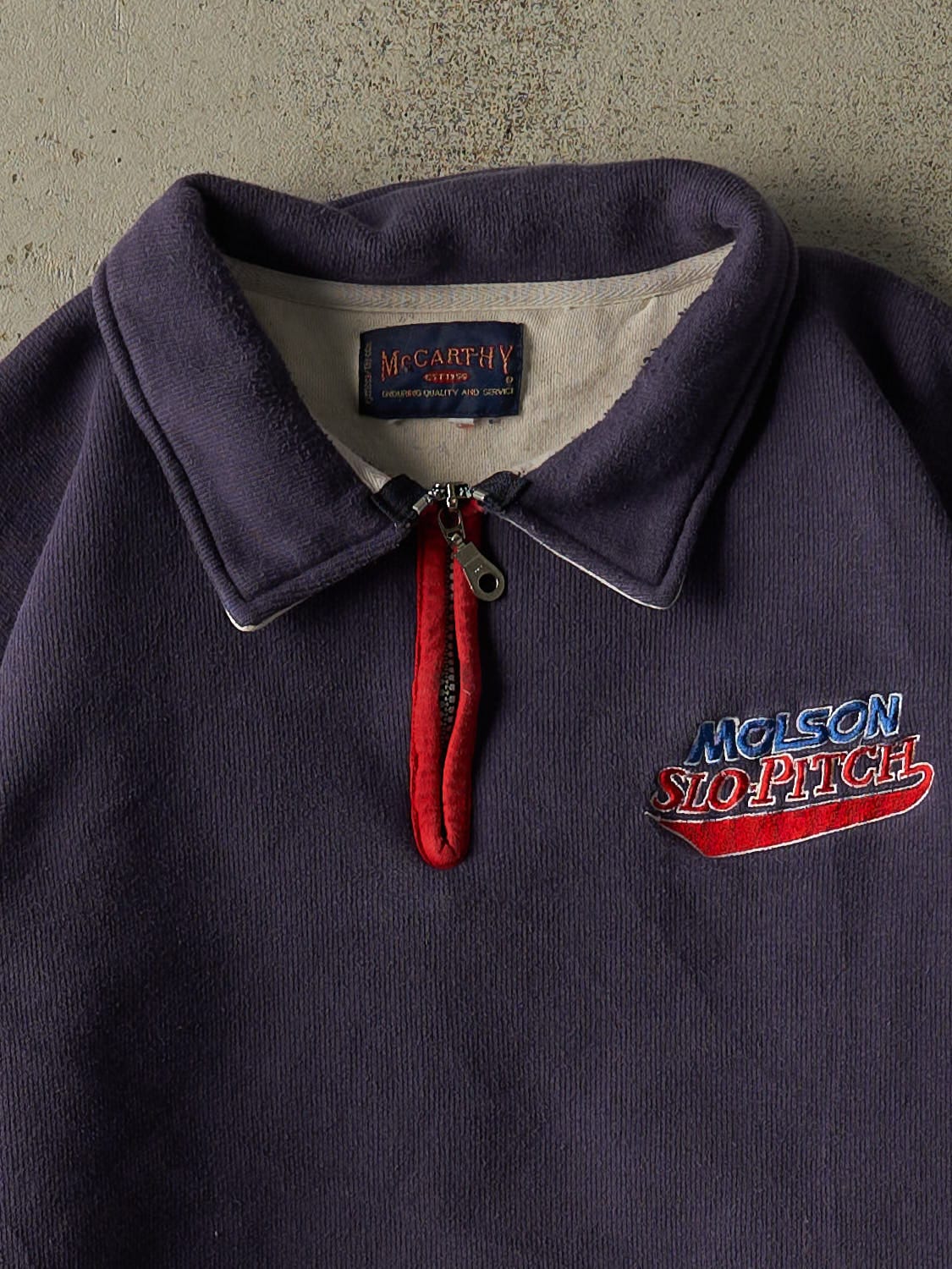 Vintage 90s Sun Faded Navy Molson Slo-Pitch Quarter Zip Sweater (L)