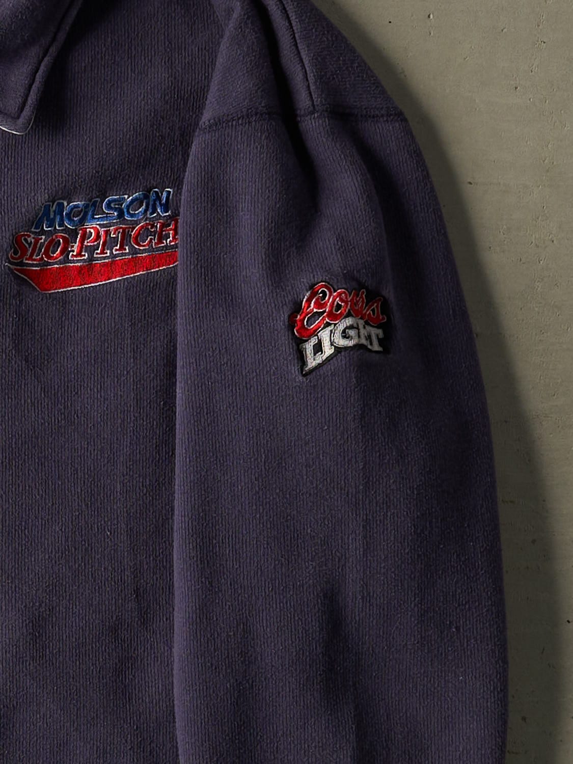 Vintage 90s Sun Faded Navy Molson Slo-Pitch Quarter Zip Sweater (L)