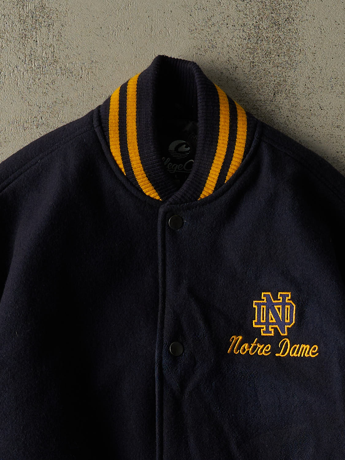 Vintage 80s Navy Blue University of Notre Dame Football Varsity Jacket (L/XL)