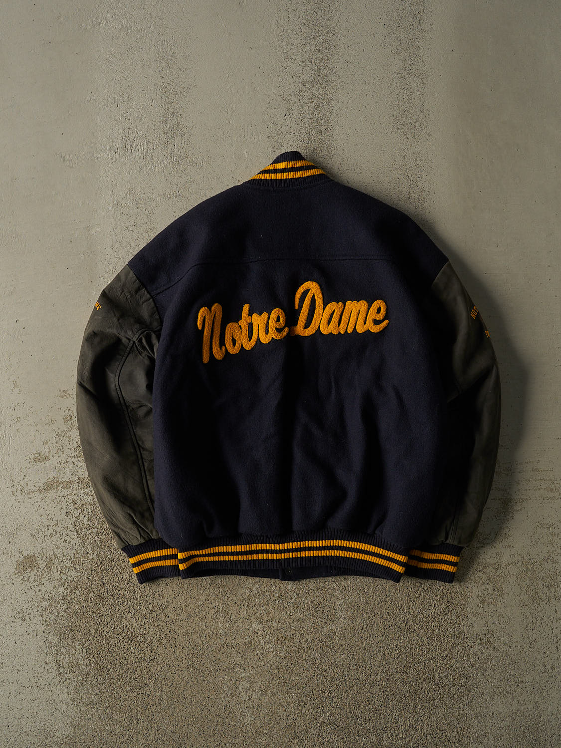 Vintage 80s Navy Blue University of Notre Dame Football Varsity Jacket (L/XL)
